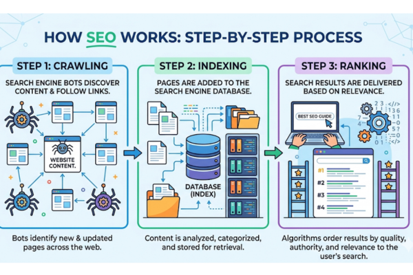 how SEO works crawling indexing ranking process infographic