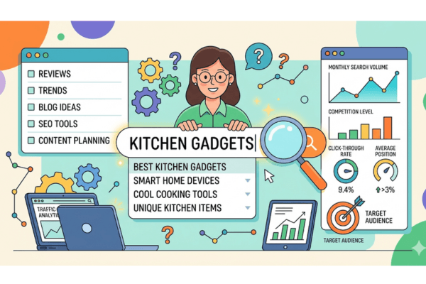 keyword research process with search terms and SEO tools