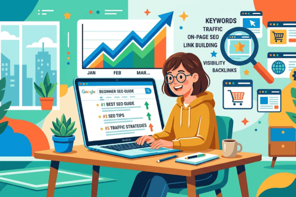 SEO basics for beginners illustration with ranking graph and search engine concept