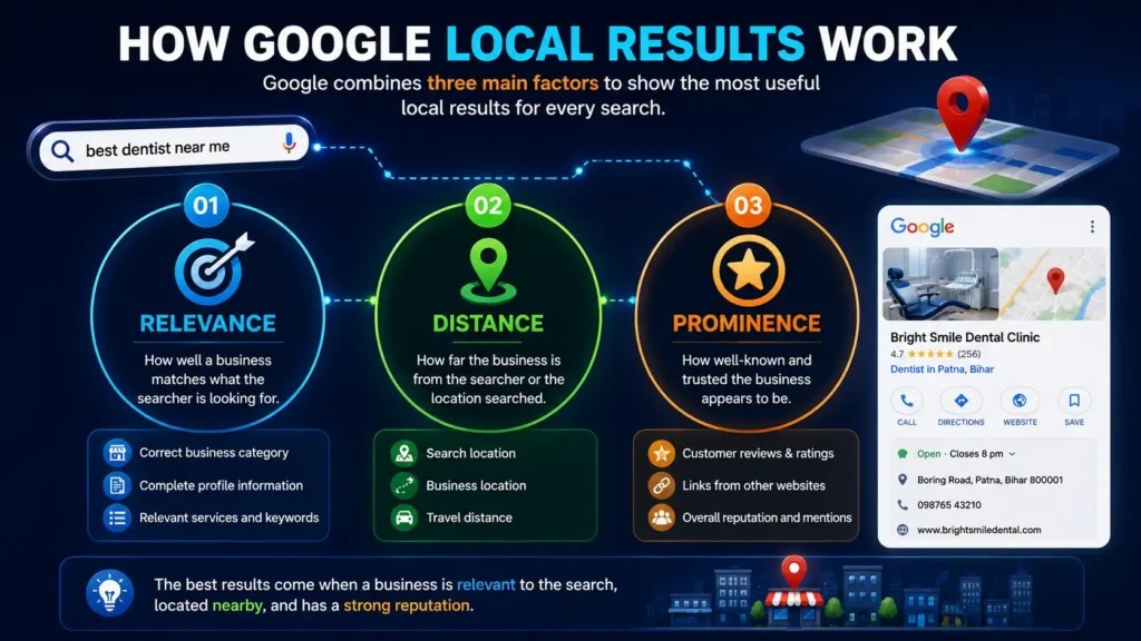 Relevance distance and prominence in Google local search