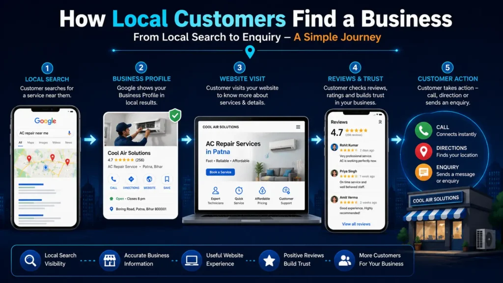 Local search to customer journey through business profile website and reviews