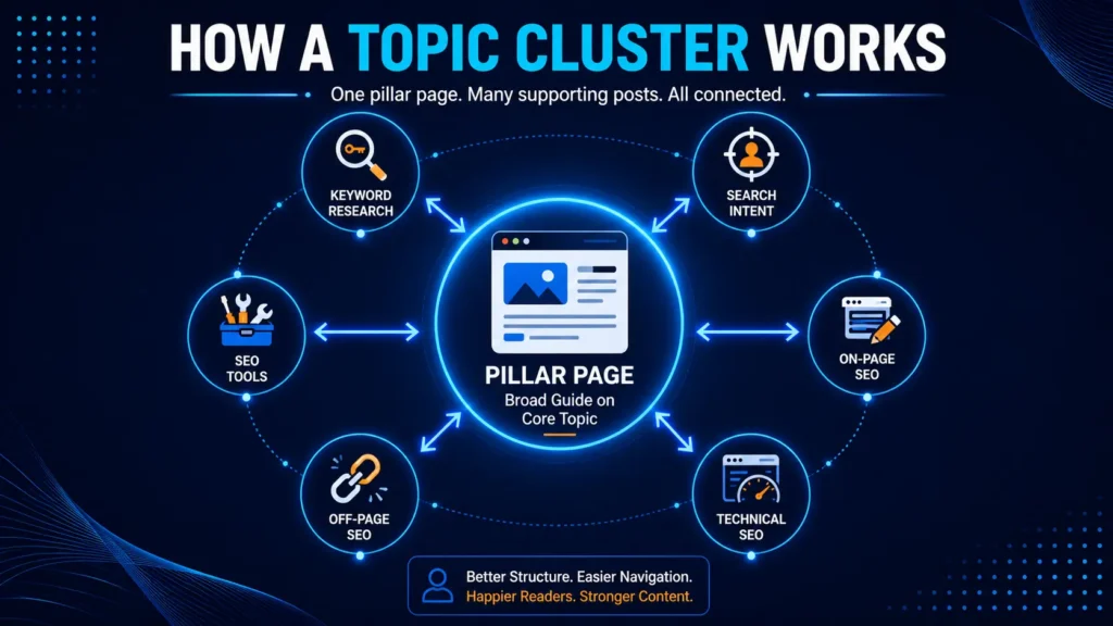 How a topic cluster connects a pillar page with supporting posts