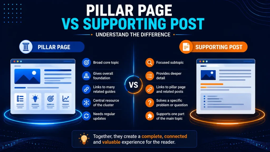Pillar page versus supporting cluster post comparison